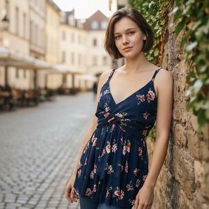 EXPRESS Floral Print Babydoll V Neck Cami Tank Top L Fairy Coquette‎ Y2k 90s